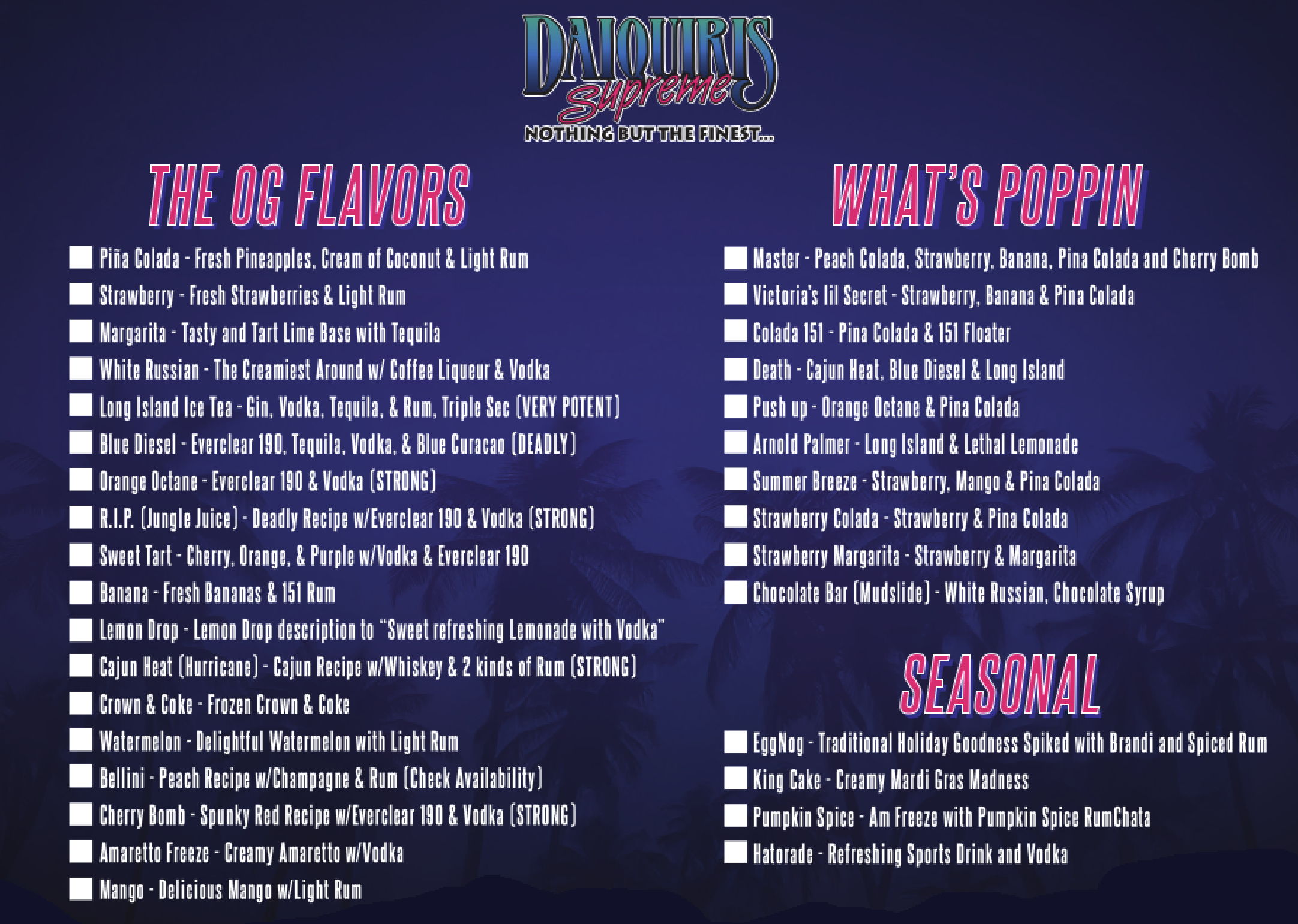 Daiquiris Supreme Menu of Delights!